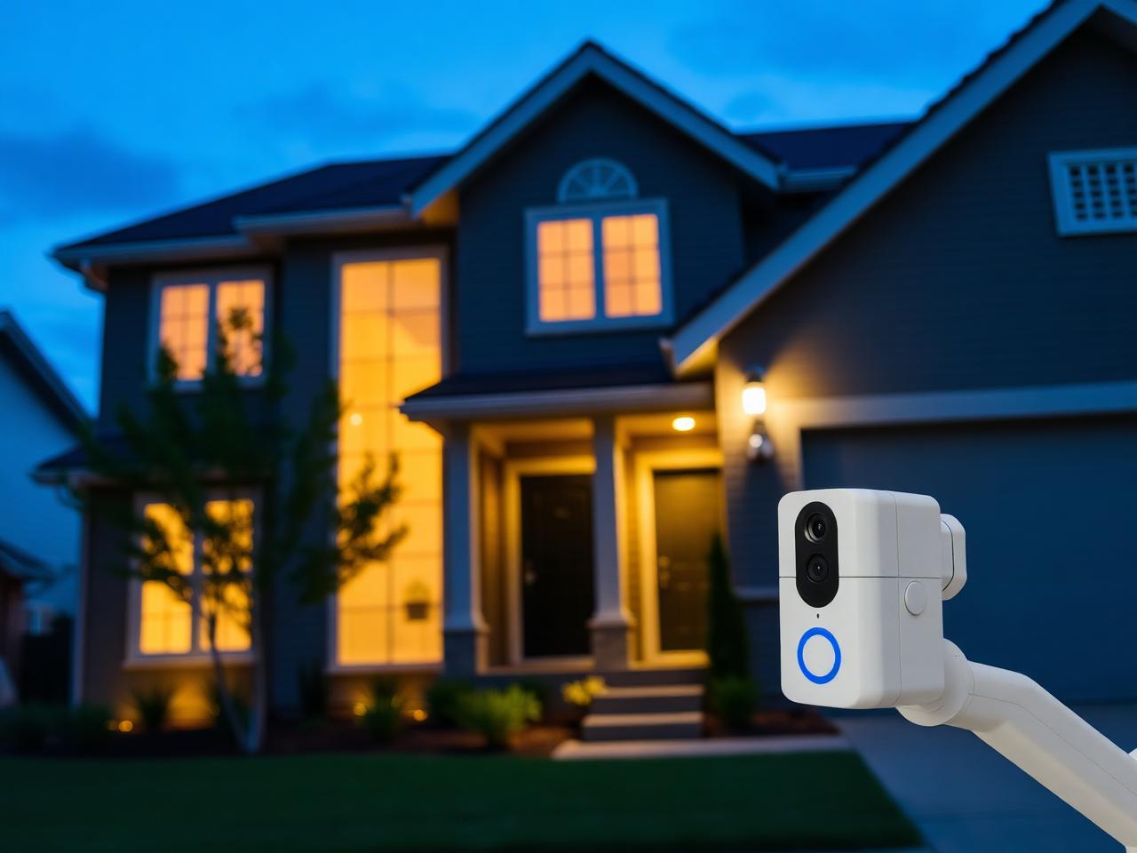 Modern secure family home at dusk with a smart security camera